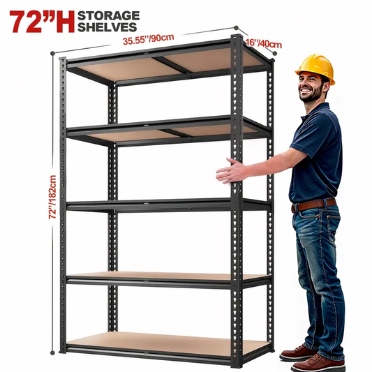 2''H/60"H5-Tier Heavy Duty Adjustable Garage Storage Shelves, 72" H x 35.5" W x 16" D/60" H X 28" W X 12" D, 2000LBS Capacity, Black Polished Metal, Easy Assembly for Closet